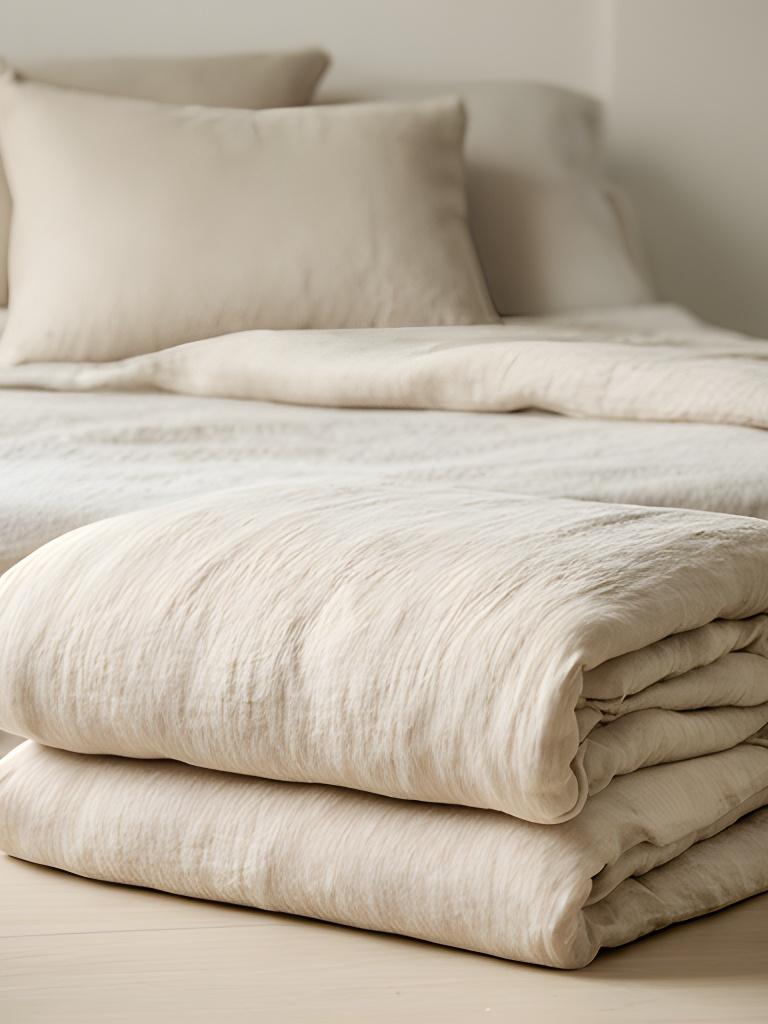 Folded linen duvet and matching pillow placed at the foot of a calm neutral bed