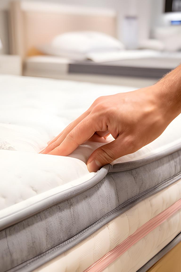 Close view of a hand pressing the quilted edge of a mattress in a bright Derry showroom