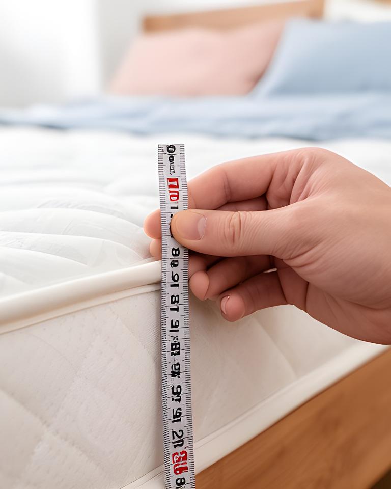 Hand measuring mattress depth with a tape measure beside a neatly dressed bed
