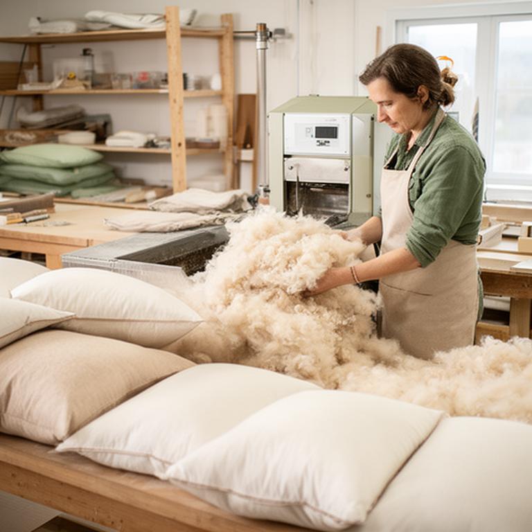 Product maker checking a natural pillow filling station beside finished pillows in the workshop