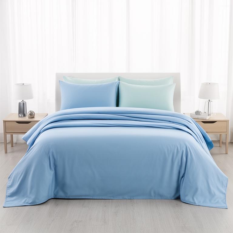 Blue cooling bedding layered on a bed in a bright, airy bedroom