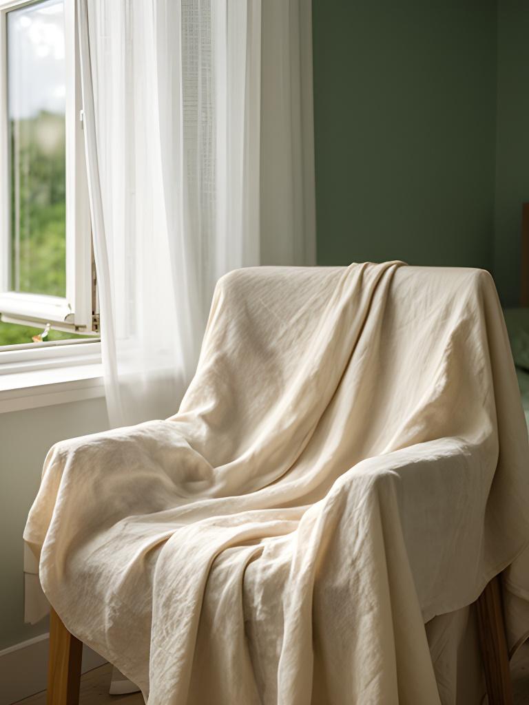 Breathable linen sheet in warm ivory draped over a bedroom chair beside an open window