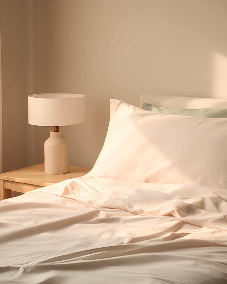 Soft cotton sheets arranged on a neatly made bed beside a bedside lamp