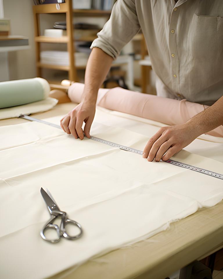Bedding maker measuring pale cotton fabric at a large cutting table in the Tullymore Road workshop