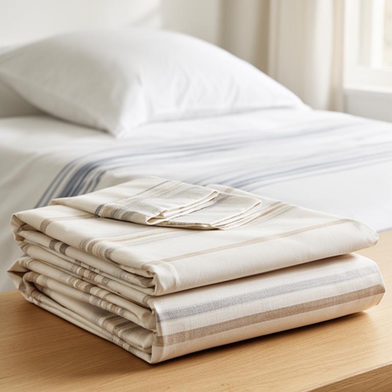 Striped cotton pillowcase set folded beside a neatly made double bed