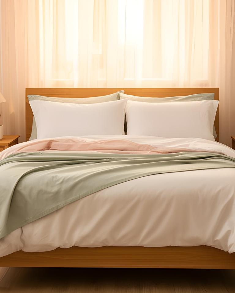 Fresh cotton sheets layered across a calm bedroom in Derry with warm morning light