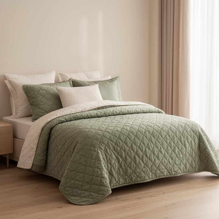 Quilted bedspread in sage green covering a double bed with layered cushions