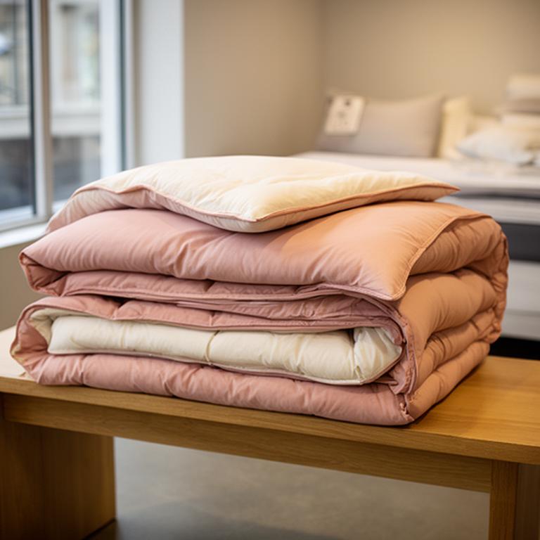 Neatly folded soft pink and cream duvets displayed on a timber bench in the showroom