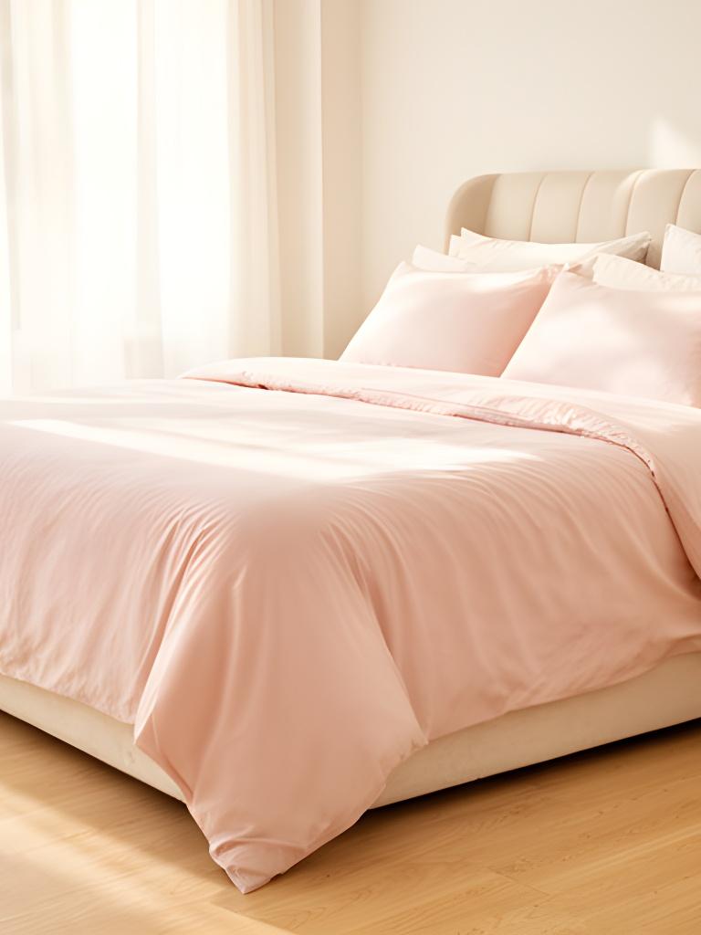 Soft mattress with pale pink bedding in a sunlit bedroom