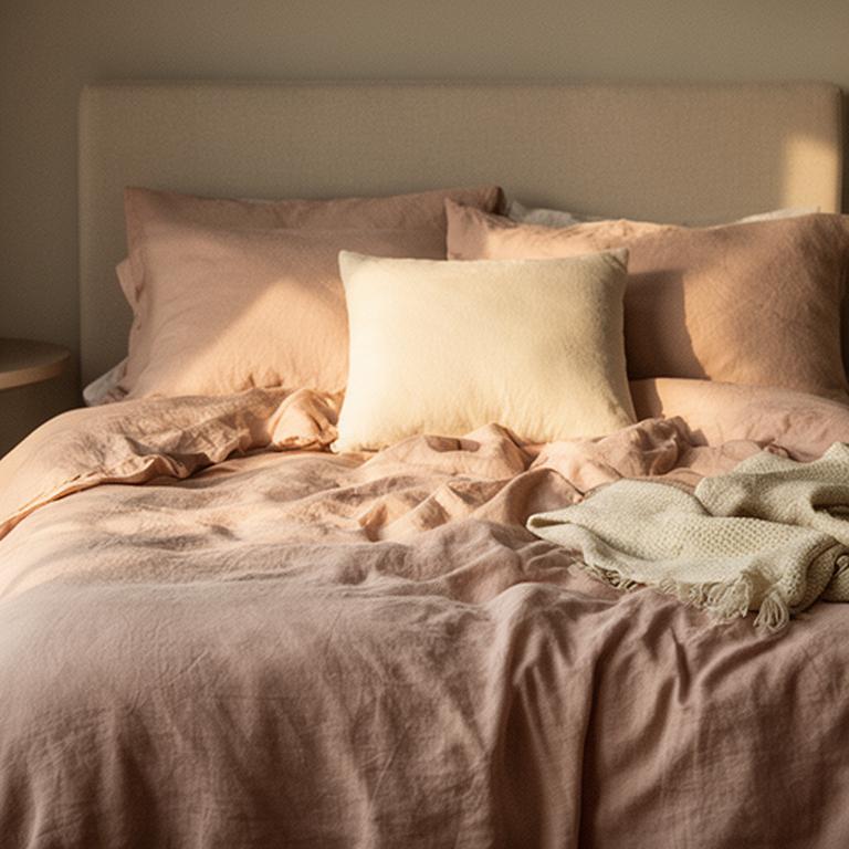 Soft blush linen duvet cover styled with a cream cushion and folded throw