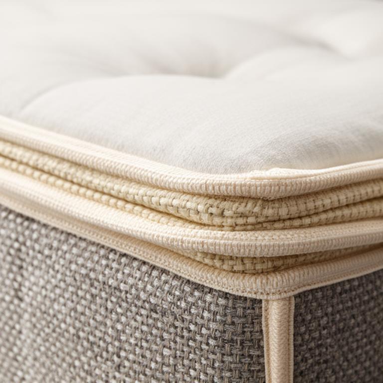 Detailed view of a mattress edge with precise cream stitching and a woven side panel