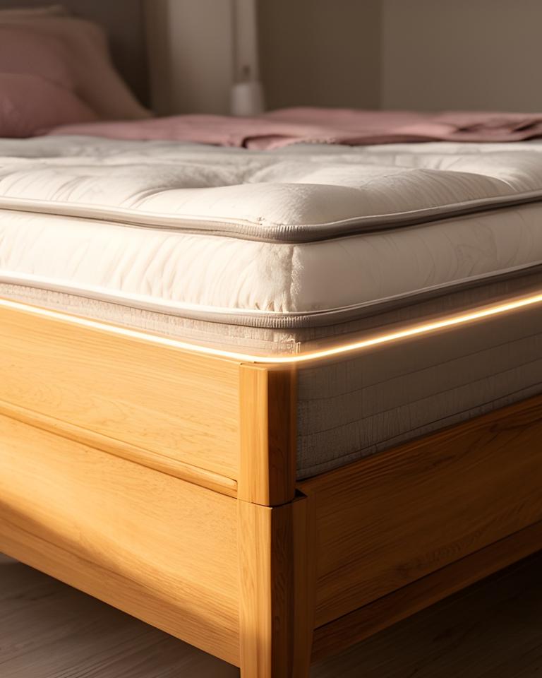 Mattress edge support visible on a neatly made bed with a warm timber frame