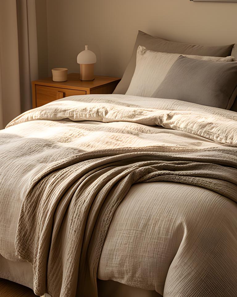Warm bedroom with a textured duvet, folded throw, and layered neutral bedding