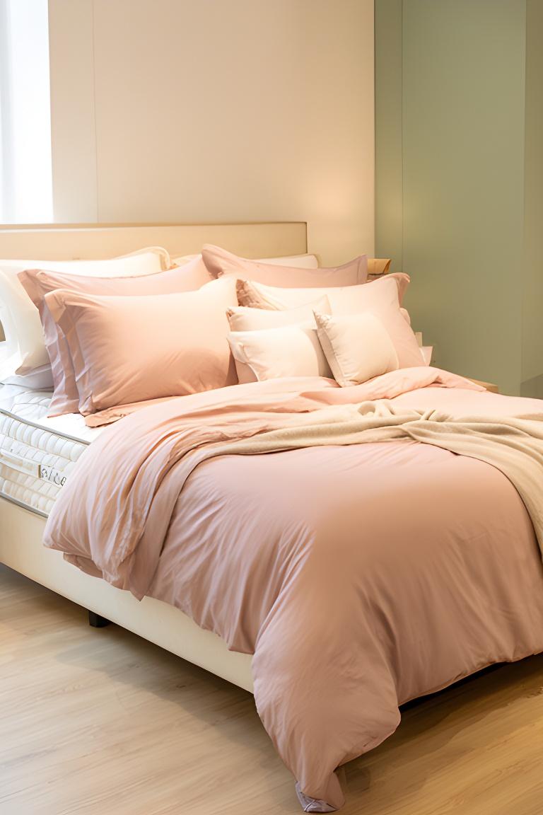 Made-up showroom bed with a blush duvet and stacked pillows ready for customers to test