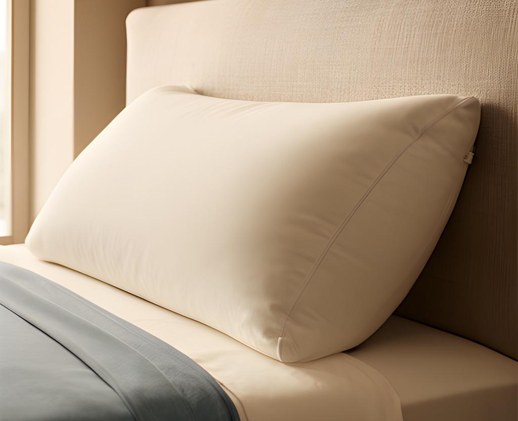 Supportive side-sleeper pillow resting against a textured upholstered headboard