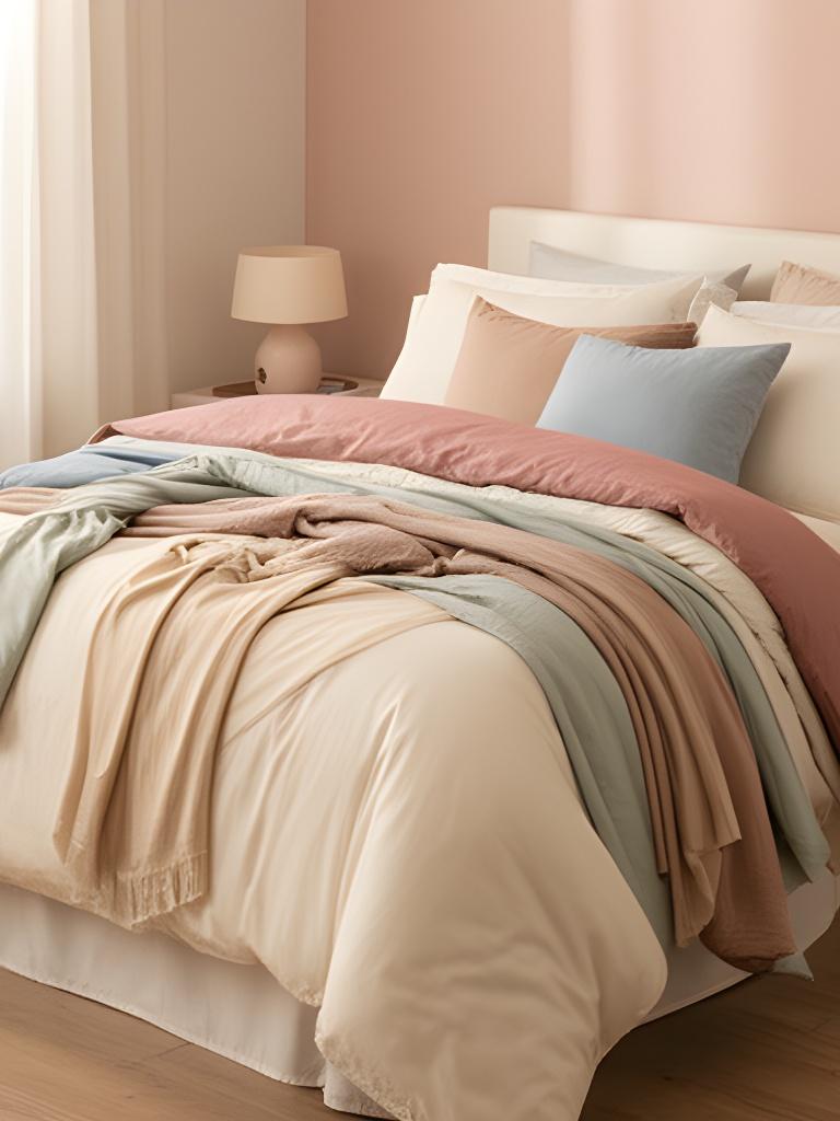 Seasonal duvet layers arranged on a double bed in a softly coloured bedroom