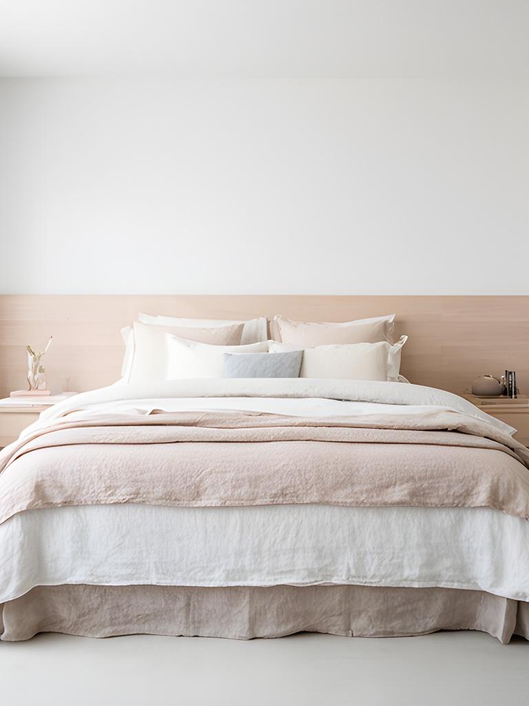 Bright bedroom dressed with layered linen bedding and a low wooden headboard