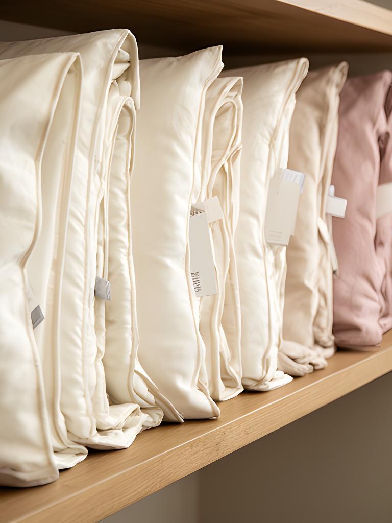 Finished cream duvets folded in a row beside labelled pillow covers ready for collection