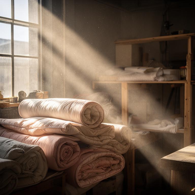 Sunlight falling through a workshop window onto stacked bedding rolls and wooden shelves