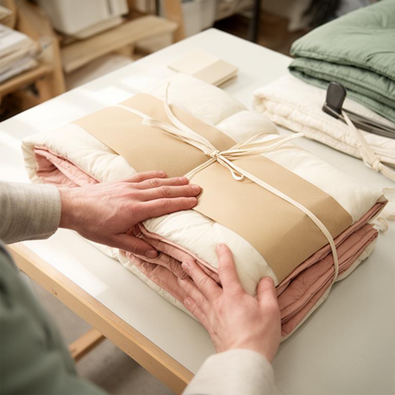 Carefully folded bedding being wrapped on a packing table inside the Tullymore Road workshop