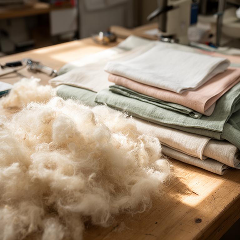 Recycled fibre filling beside natural linen cover samples on a workshop bench