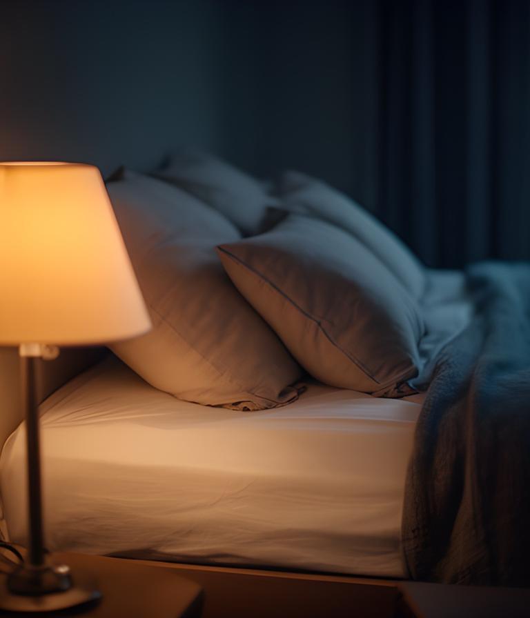 Warm bedside lamp illuminating a made bed with a blue-grey throw and cotton pillows